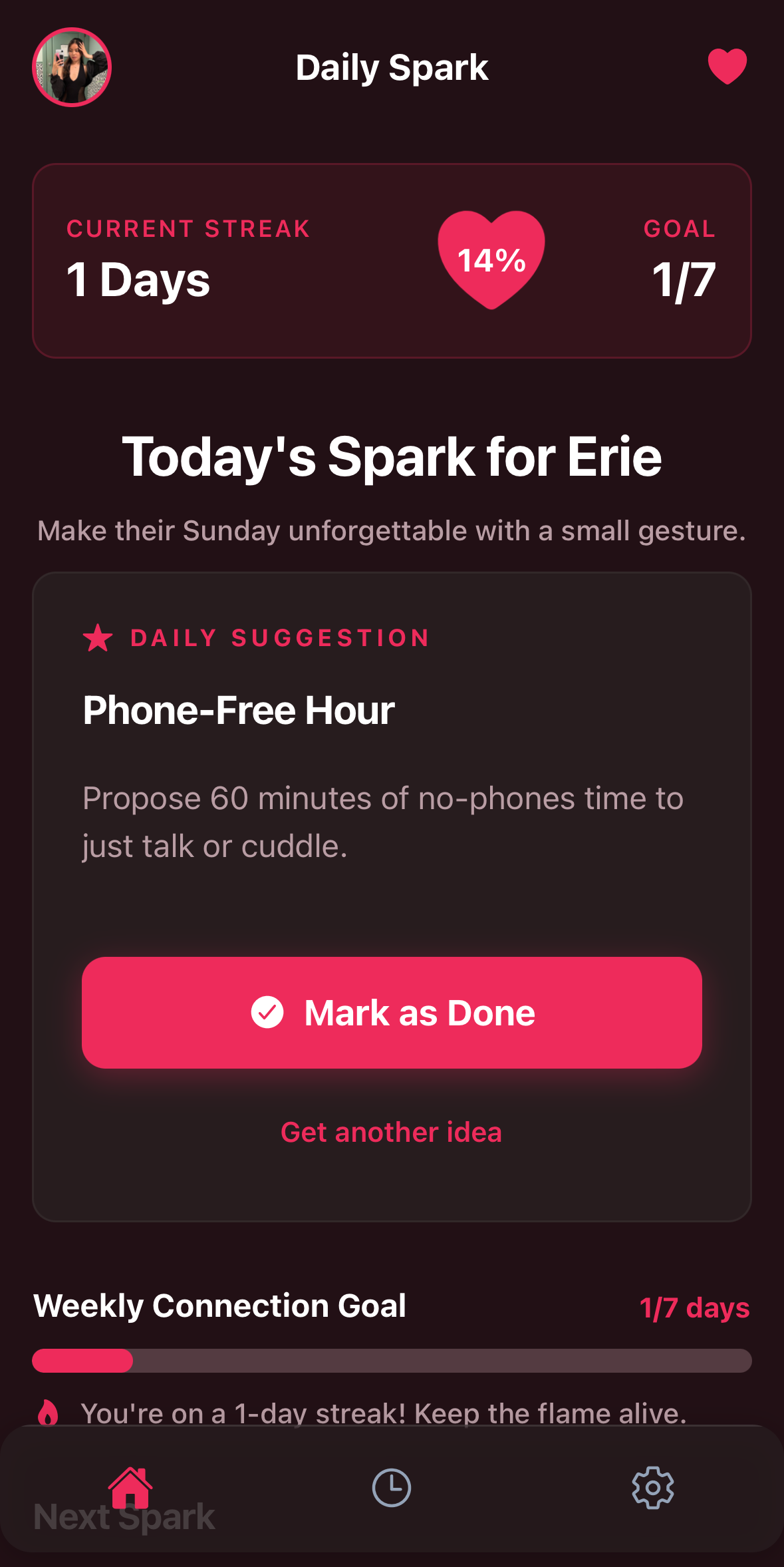 Daily Spark home screen showing today's spark activity