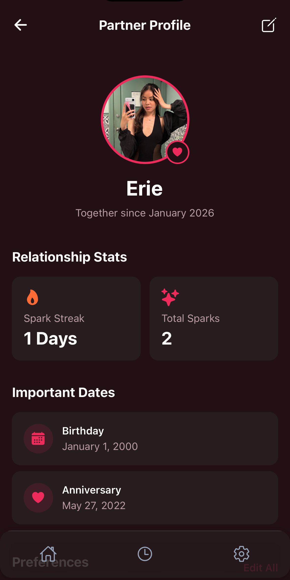 Partner profile screen with customization options